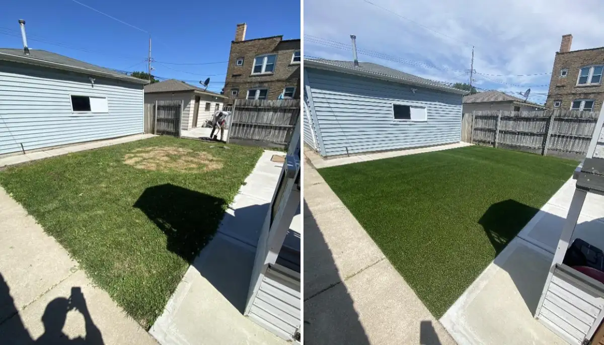 Completed artificial turf lawn installation in Michigan backyard