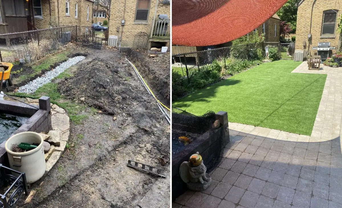 Artificial grass lawn edge detail beside a Michigan landscape bed