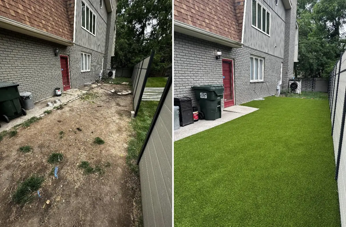 Before-and-after view of a residential artificial turf installation