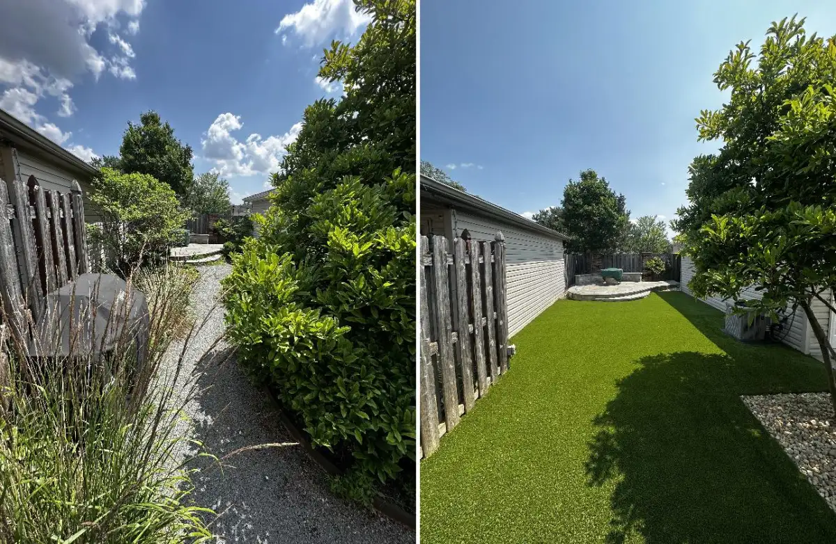 Narrow residential side yard before and after artificial turf installation