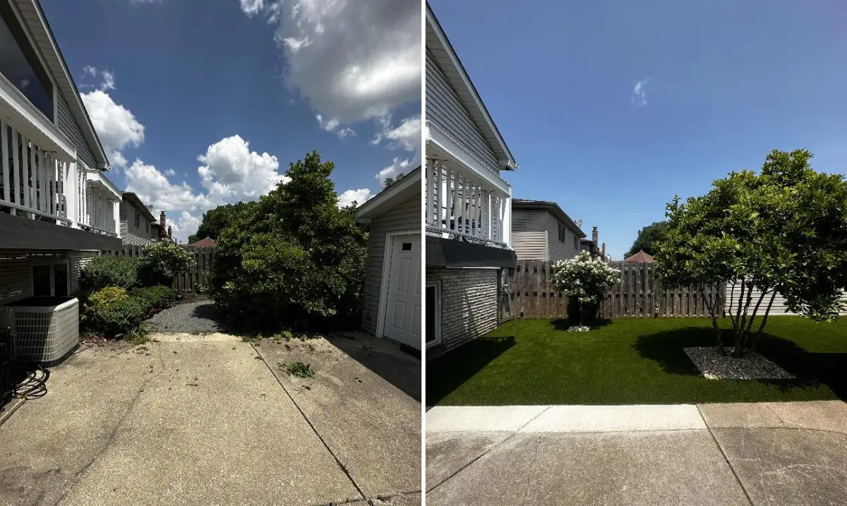 Residential yard before and after artificial turf installation