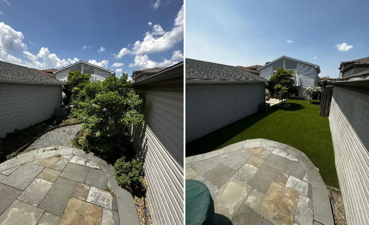 Narrow residential yard before and after artificial turf installation beside an existing patio