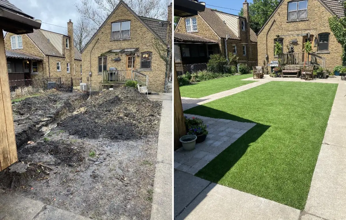 Before and after artificial turf installation — mud yard transformed to pristine turf with paver walkway