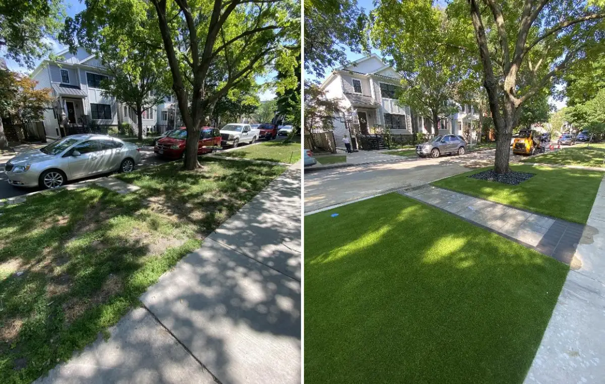 Complete outdoor living space with turf, patio, and lighting in Michigan