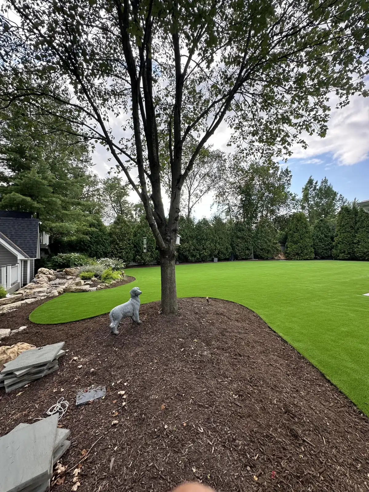 Backyard turf with mulched planting beds and established trees
