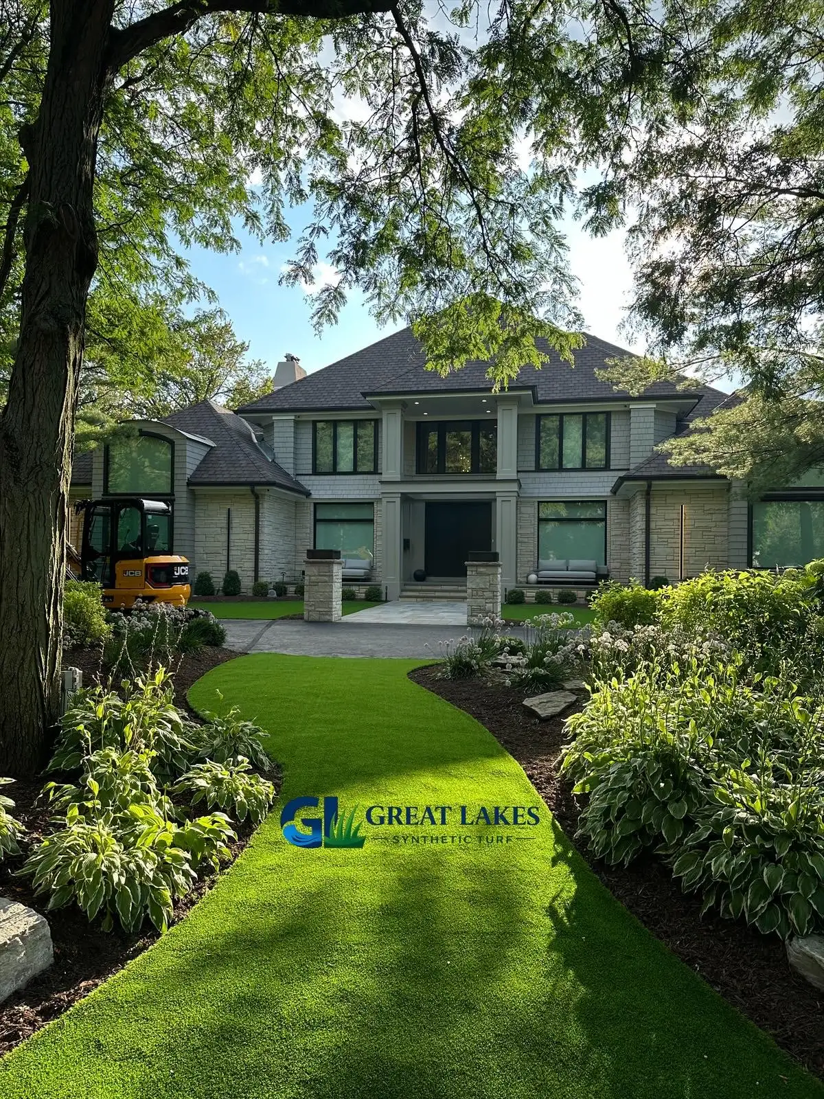 Luxury home with professionally installed artificial turf lawn by Great Lakes Synthetic Turf